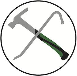 A hammer and a pry-bar, used to symbolize software upgrading and replacement.
